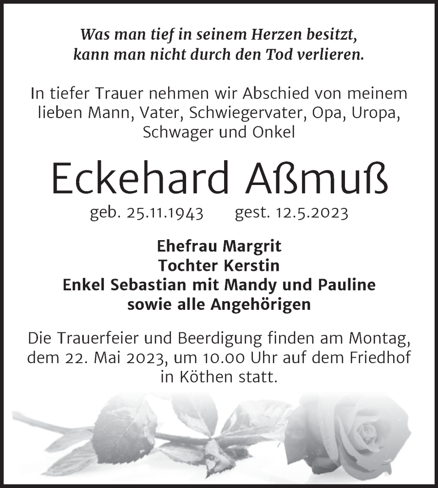  Traueranzeige für Eckehard Aßmuß vom 17.05.2023 aus Trauerkombi Köthen