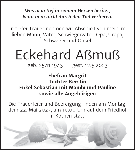 Traueranzeige von Eckehard Aßmuß von Trauerkombi Köthen