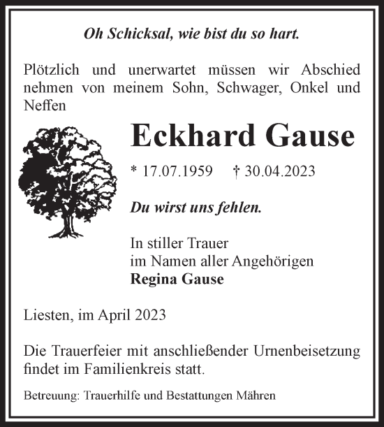 Traueranzeige von Eckhard Gause von Volksstimme Altmark West