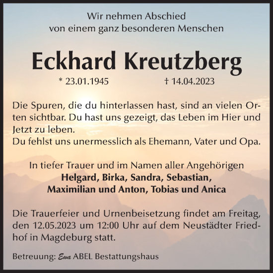 Traueranzeige von Eckhard Kreutzberg von Volksstimme Magdeburg