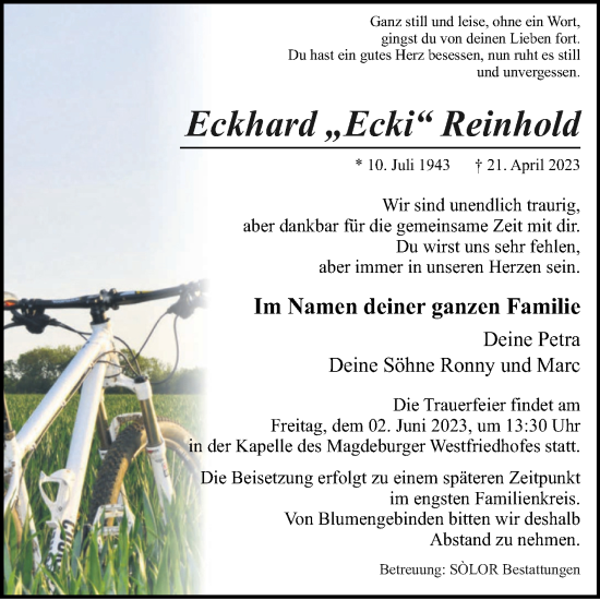 Traueranzeige von Eckhard Reinhold von Volksstimme Magdeburg