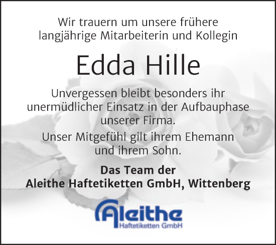 Traueranzeige von Edda Hille von Super Sonntag Wittenberg