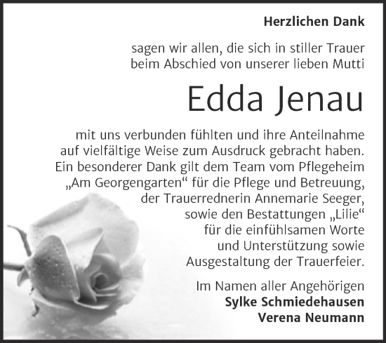 Traueranzeige von Edda Jenau von Trauerkombi Dessau
