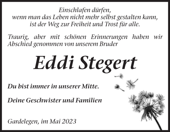 Traueranzeige von Eddi Stegert von Volksstimme Altmark West