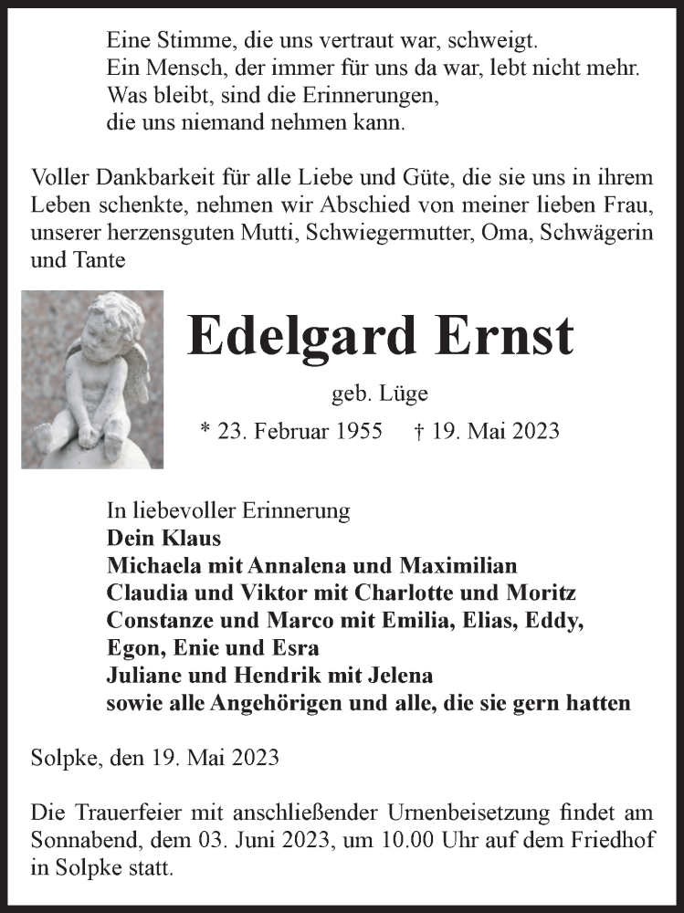  Traueranzeige für Edelgard Ernst vom 25.05.2023 aus Volksstimme Altmark West