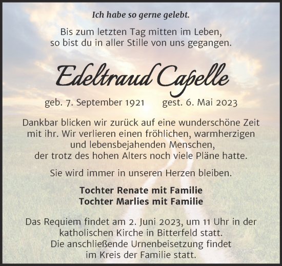 Traueranzeige von Edeltraud Capelle von Trauerkombi Bitterfeld