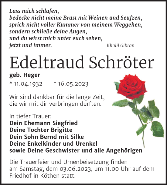 Traueranzeige von Edeltraud Schröter von Trauerkombi Köthen