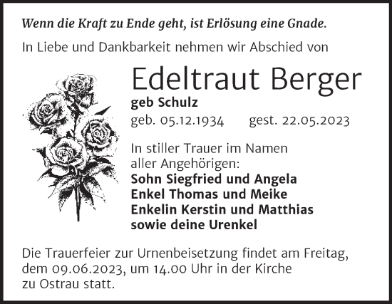 Traueranzeige von Edeltraut Berger von Mitteldeutsche Zeitung Halle/Saalkreis