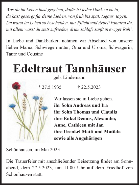 Traueranzeige von Edeltraut Tannhäuser von Volksstimme Altmark Ost