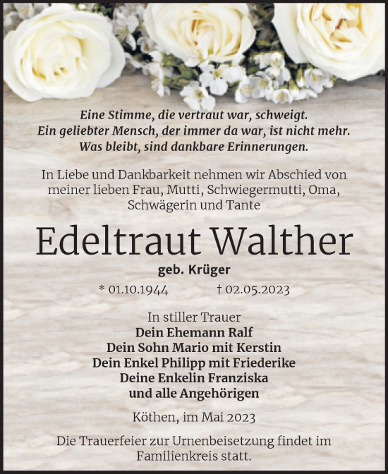 Traueranzeige von Edeltraut Walther von Trauerkombi Köthen