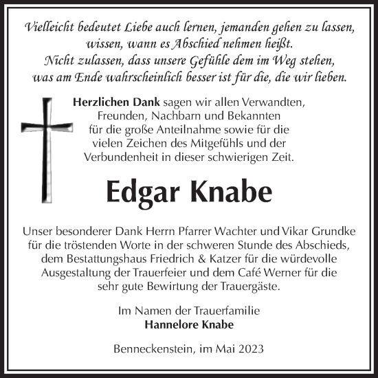 Traueranzeige von Edgar Knabe von Volksstimme Wernigerode