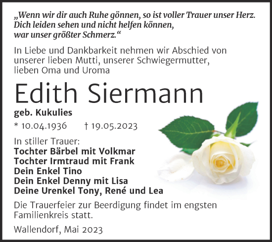 Traueranzeige von Edith Biermann von Trauerkombi Merseburg