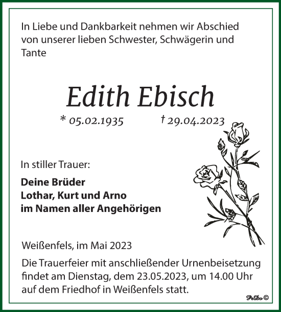 Traueranzeige von Edith Ebisch von Trauerkombi Weißenfels