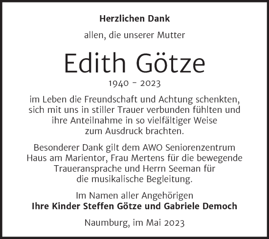 Traueranzeige von Edith Götze von Naumburger Tageblatt