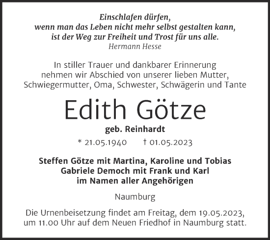 Traueranzeige von Edith Götze von Naumburger Tageblatt