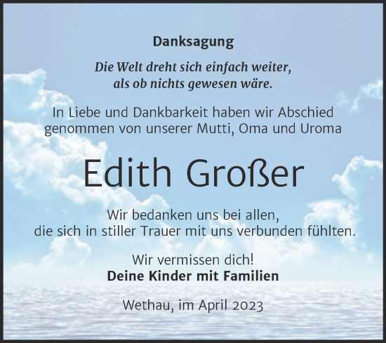Traueranzeige von Edith Großer von Wochenspiegel Naumburg/Nebra