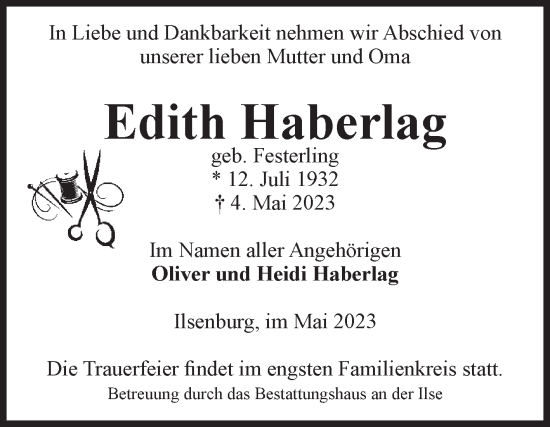 Traueranzeige von Edith Haberlag von Volksstimme Wernigerode
