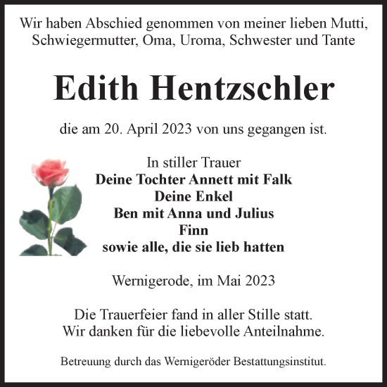 Traueranzeige von Edith Hentzschler von Volksstimme Wernigerode