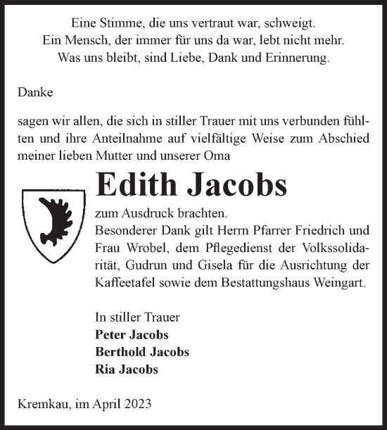 Traueranzeige von Edith Jacobs von Volksstimme Altmark Ost