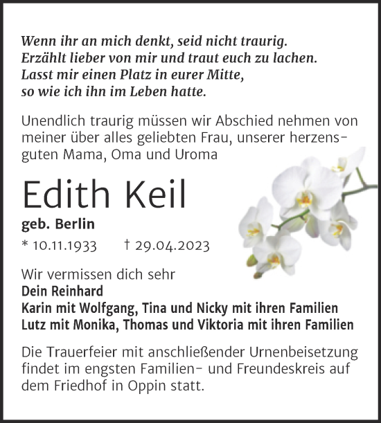 Traueranzeige von Edith Keil von Mitteldeutsche Zeitung Halle/Saalkreis