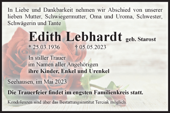Traueranzeige von Edith Lebhardt von Volksstimme Oschersleben/Wanzleben