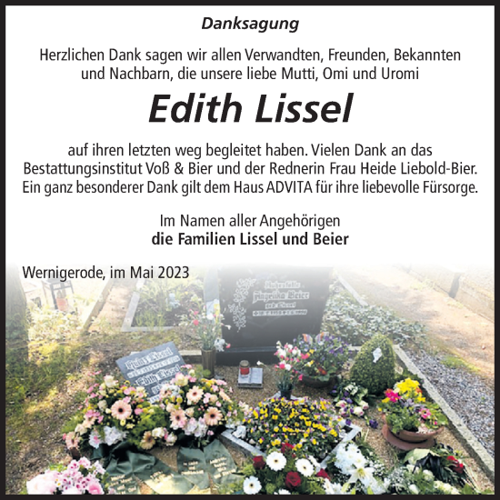 Traueranzeige von Edith Lissel von Volksstimme Wernigerode