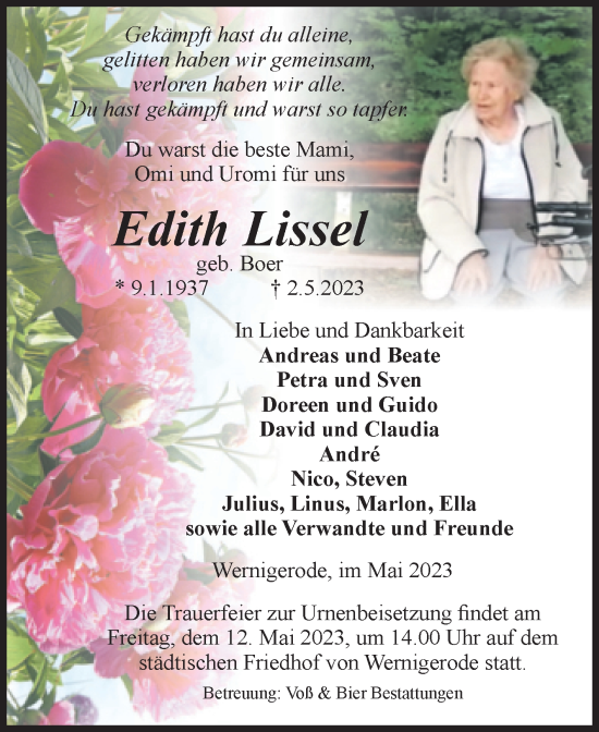Traueranzeige von Edith Lissel von Volksstimme Wernigerode
