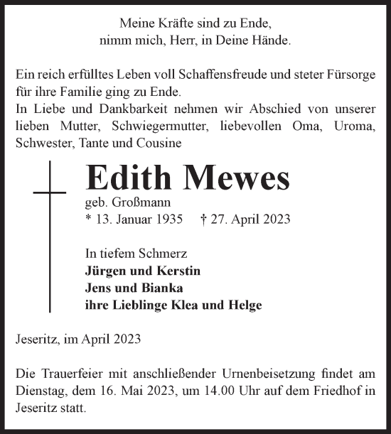 Traueranzeige von Edith Mewes von Volksstimme Altmark West