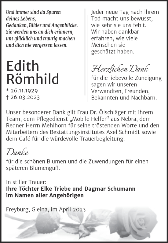 Traueranzeige von Edith Römhild von Wochenspiegel Naumburg/Nebra