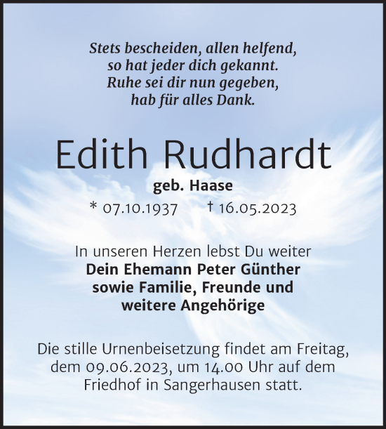 Traueranzeige von Edith Rudhardt von Mitteldeutsche Zeitung Sangerhausen