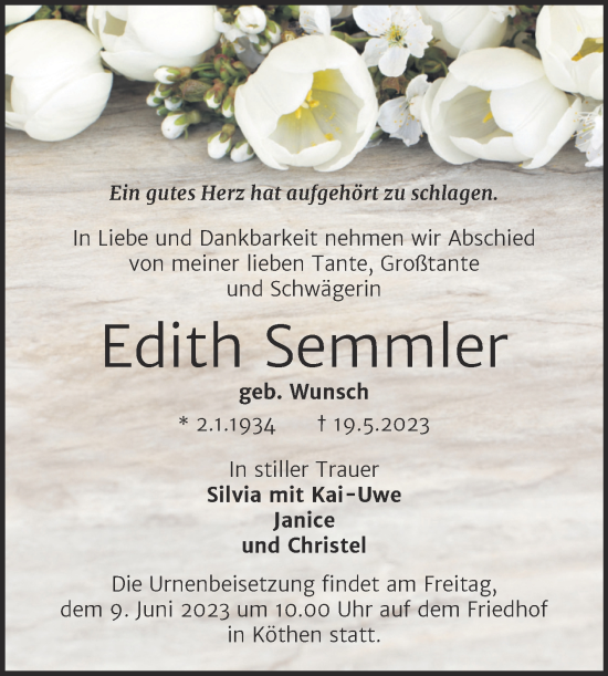 Traueranzeige von Edith Semmler von Trauerkombi Köthen