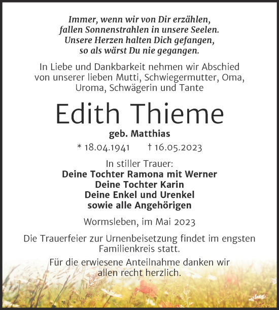 Traueranzeige von Edith Thieme von Trauerkombi Mansfelder Land