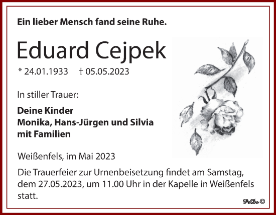 Traueranzeige von Eduard Cejpek von Trauerkombi Weißenfels