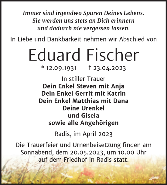 Traueranzeige von Eduard Fischer von Trauerkombi Wittenberg