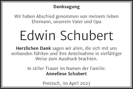 Traueranzeige von Edwin Schubert von Trauerkombi Wittenberg