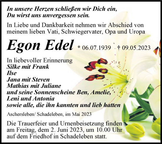 Traueranzeige von Egon Edel von Trauerkombi Aschersleben