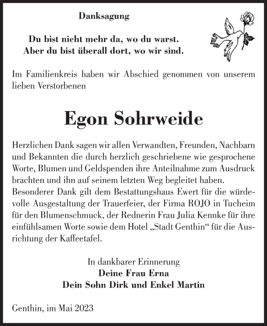 Traueranzeige von Egon Sohrweide von Volksstimme Burg/Genthin