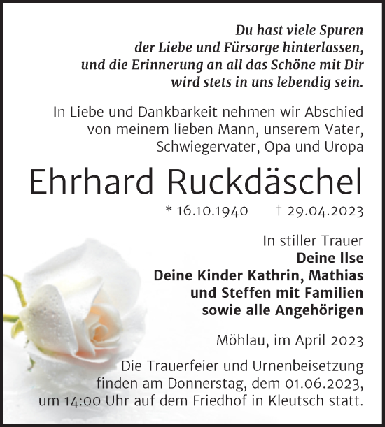Traueranzeige von Ehrhard Ruckdäschel von Trauerkombi Wittenberg