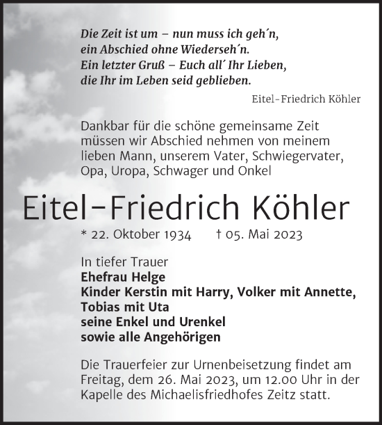 Traueranzeige von Eitel-Friedrich Köhler von Trauerkombi Zeitz