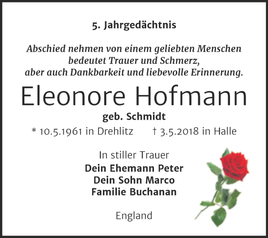 Traueranzeige von Eleonore Hofmann von Mitteldeutsche Zeitung Halle/Saalkreis