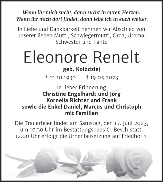 Traueranzeige von Eleonore Renelt von Trauerkombi Dessau