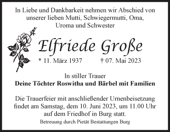 Traueranzeige von Elfriede Große von Volksstimme Burg/Genthin