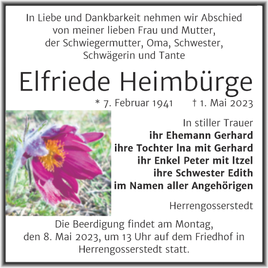 Traueranzeige von Elfriede Heimbürge von Naumburger Tageblatt