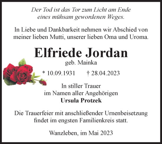 Traueranzeige von Elfriede Jordan von Volksstimme Oschersleben/Wanzleben