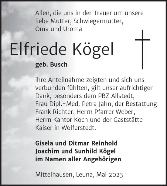 Traueranzeige von Elfriede Kögel von Trauerkombi Sangerhausen