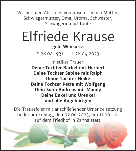 Traueranzeige von Elfriede Krause von Trauerkombi Wittenberg