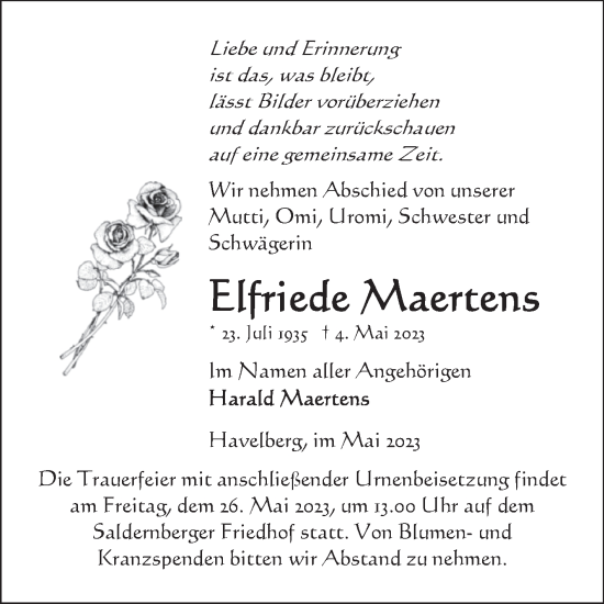 Traueranzeige von Elfriede Maertens von Volksstimme Altmark Ost