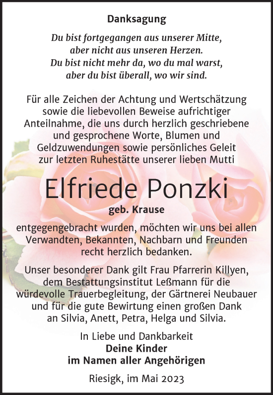 Traueranzeige von Elfriede Ponzki von Trauerkombi Wittenberg