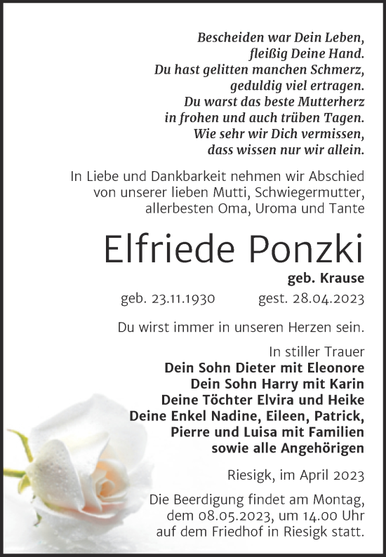 Traueranzeige von Elfriede Ponzki von Trauerkombi Wittenberg