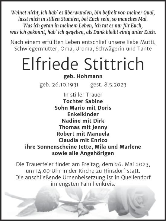Traueranzeige von Elfriede Stittrich von Trauerkombi Köthen